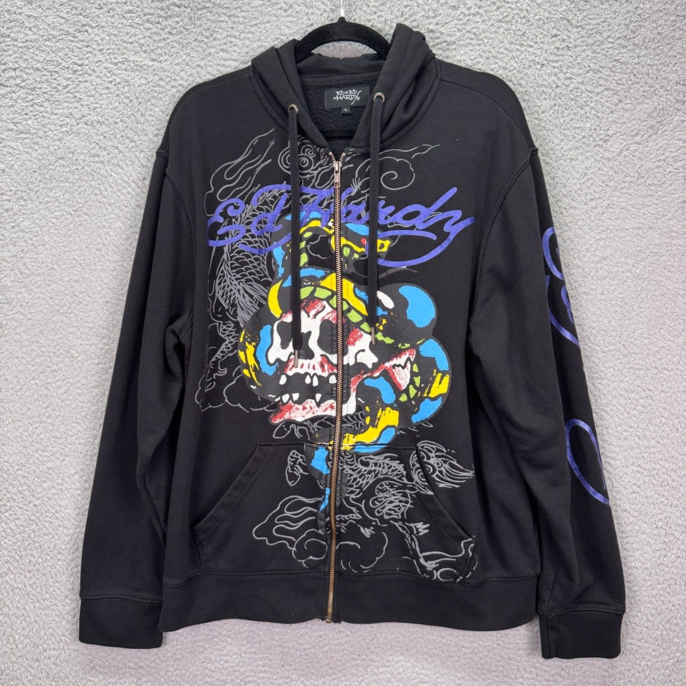Ed Hardy Hoodie Mens L Black Skull Snake Graphic Zip Up Y2K Rocker Punk Bold Y2K